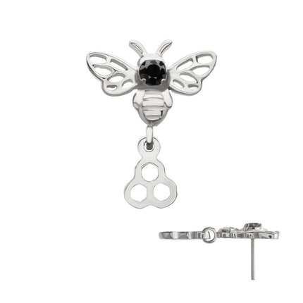 Invictus Titanium Threadless Prong Set Black Gem Bee Top with Honeycomb Dangle