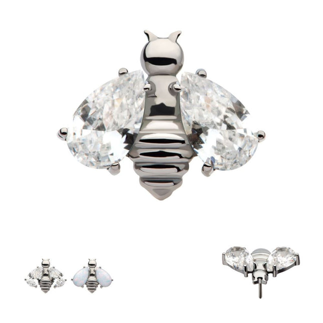 Invictus Titanium Threadless Bee with Prong Set Teardrop Shape CZ/Opal Wings Top