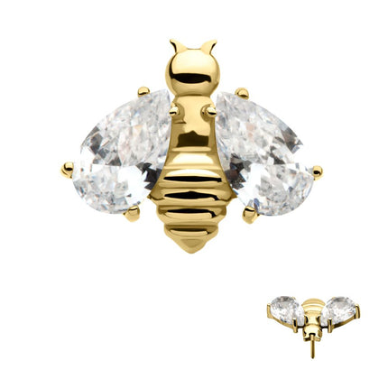 Invictus 24Kt Gold PVD Titanium Threadless Bee with Prong Set Teardrop Shape CZ Wings Top