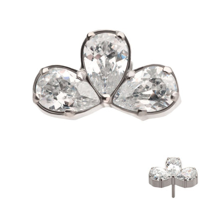 Invictus Titanium Threadless Fan Shape Top with 3 Cluster Prong Set Teardrop CZ