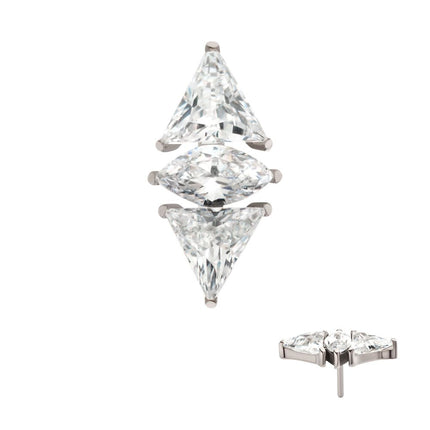 Invictus Titanium Threadless 3 Cluster Top with Prong Set Marquise & Triangle CZ