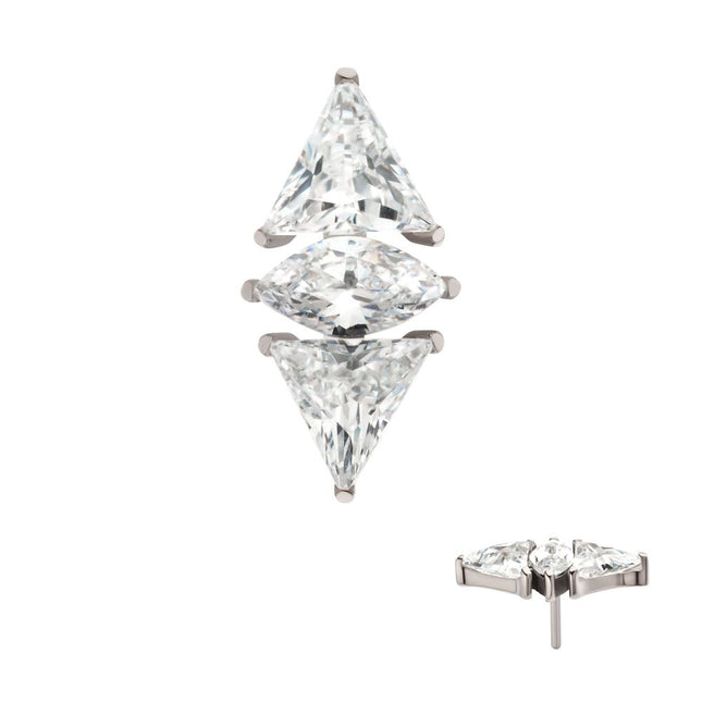Invictus Titanium Threadless 3 Cluster Top with Prong Set Marquise & Triangle CZ