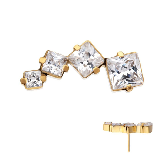 Invictus 24Kt Gold PVD Titanium Threadless Prong Set Princess Cut Gem Staggered 4-Cluster Top