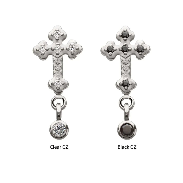 Invictus Titanium Threadless Milgrain Edge Prong Set CZ Gem Cross Top with Dangle Bezel Gem