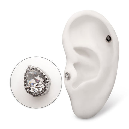 Invictus Titanium Threadless Beaded Edge Prong Set Teardrop CZ Gem Top