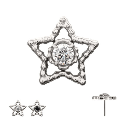Invictus Titanium Threadless Milgrain Edge Star Top with Prong Set CZ Gem