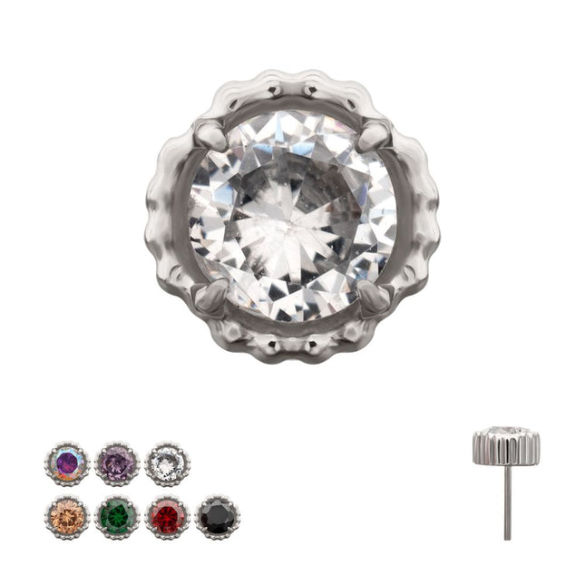 Invictus Titanium Threadless Beaded Edge Prong Set CZ Round Gem Top
