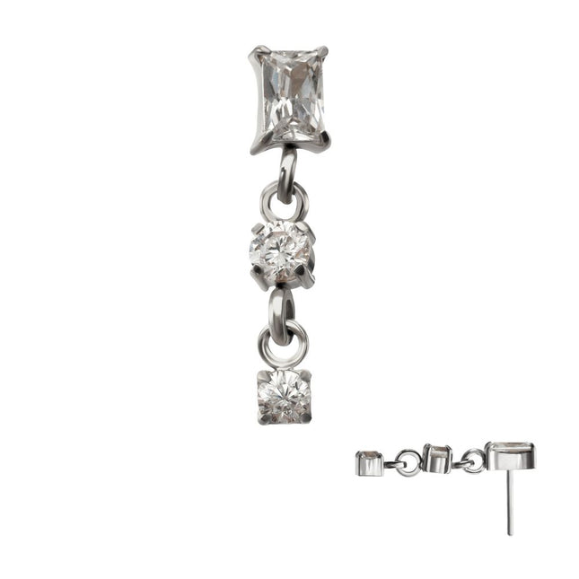 Invictus Titanium Threadless Prong Set Gem Baguette Top with Double Round Gem Dangle