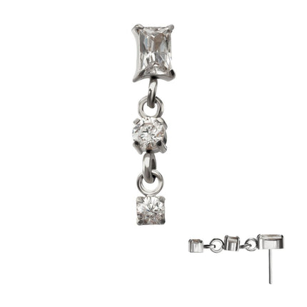 Invictus Titanium Threadless Prong Set Gem Baguette Top with Double Gem Dangle