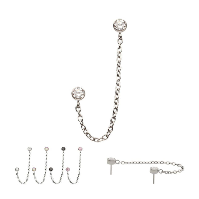 Invictus Titanium Threadless Double Bezel Set Gem Top with Rolo Chain Dangle