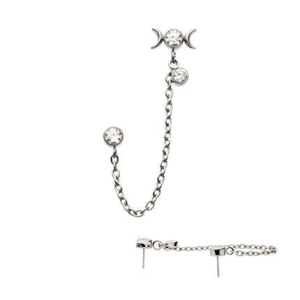 Invictus Titanium Threadless Triple Moon Phase & Duo Bezel Round CZ with Rolo Chain Dangle Tops