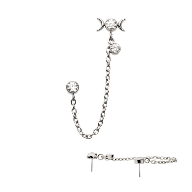 Invictus Titanium Threadless Triple Moon Phase & Duo Bezel Round CZ with Rolo Chain Dangle Tops