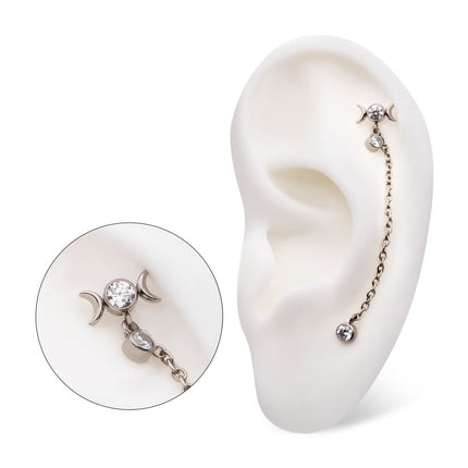 Invictus Titanium Threadless Triple Moon Phase & Duo Bezel Round CZ with Rolo Chain Dangle Tops