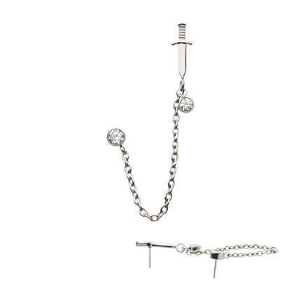 Invictus Titanium Threadless Dagger & Duo Bezel Round CZ with Rolo Chain Dangle Tops