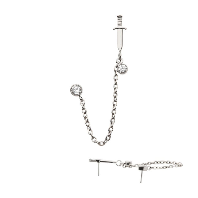 Invictus Titanium Threadless Dagger & Duo Bezel Round CZ with Rolo Chain Dangle Tops