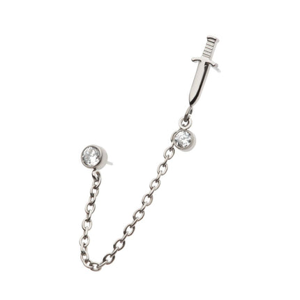 Invictus Titanium Threadless Dagger & Duo Bezel Round CZ with Rolo Chain Dangle Tops