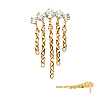 Invictus 24Kt Gold PVD Titanium Threadless 5-Cluster Round AAA CZ Top with 5 Dangle Chains
