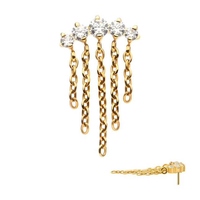 Invictus 24Kt Gold PVD Titanium Threadless 5-Cluster Round AAA CZ Top with 5 Dangle Chains
