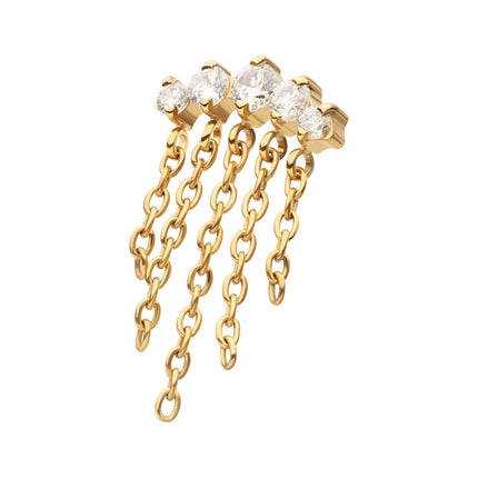 Invictus 24Kt Gold PVD Titanium Threadless 5-Cluster Round AAA CZ Top with 5 Dangle Chains