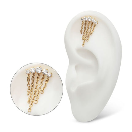 Invictus 24Kt Gold PVD Titanium Threadless 5-Cluster Round AAA CZ Top with 5 Dangle Chains