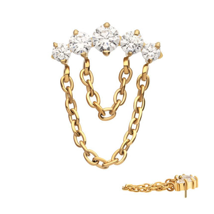 Invictus 24Kt Gold PVD Titanium Threadless 5-Cluster Round AAA CZ Top with 2 Tier Dangle Chain
