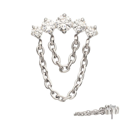 Invictus Titanium Threadless 5-Cluster Round AAA CZ Top with 2 Tier Dangle Chain