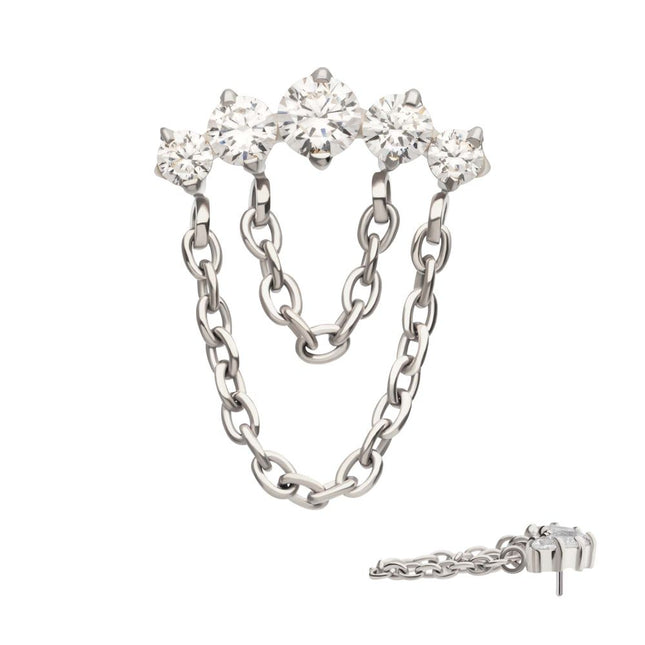 Invictus Titanium Threadless 5-Cluster Round AAA CZ Top with 2 Tier Dangle Chain