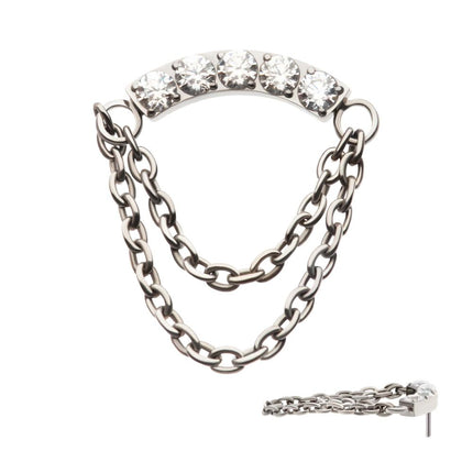 Invictus Titanium Threadless 5-Cluster Round AAA CZ Curved Bar Top with 2 Tier Dangle Chain