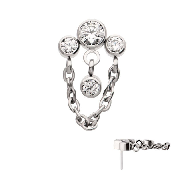 Invictus Titanium Threadless 3-Cluster Bezel Round CZ Top with Chain & Gem Dangles