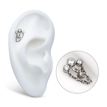 Invictus Titanium Threadless 3-Cluster Bezel Round CZ Top with Chain & Gem Dangles