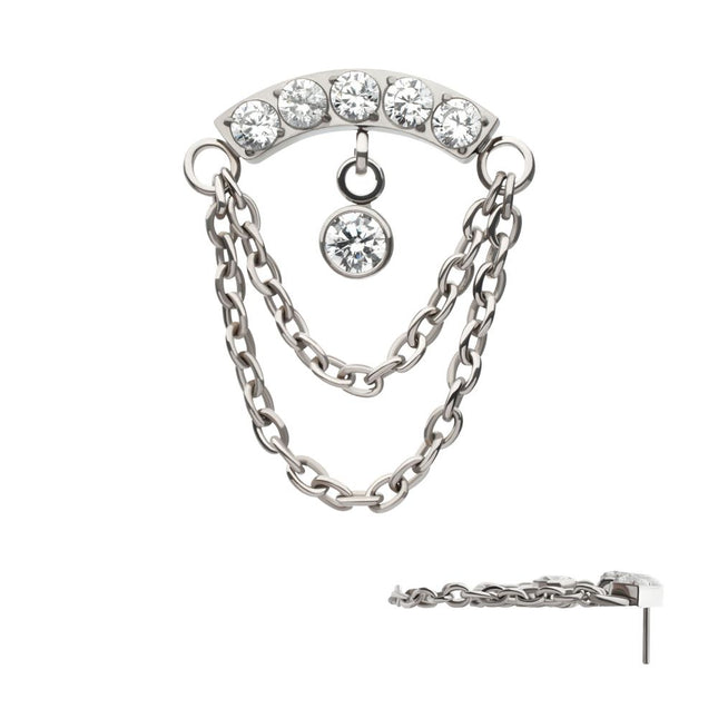 Invictus Titanium Threadless 2-Tier Dangle Chain Clustered CZ Curved Bar Top with Bezel Round CZ