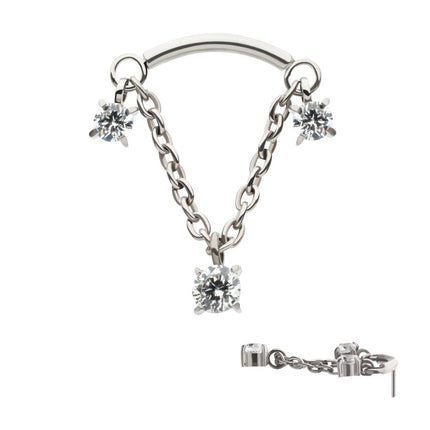 Invictus Titanium Threadless Dangle Chain Curved Bar Top with Pronged Trio Round CZ