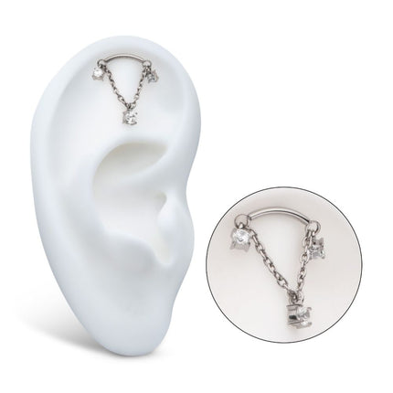 Invictus Titanium Threadless Dangle Chain Curved Bar Top with Pronged Trio Round CZ