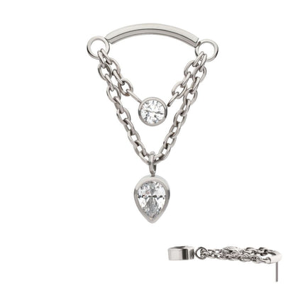 Invictus Titanium Threadless 2-Tier Dangle Chain Curved Bar Top with Bezel Round & Teadrop CZ