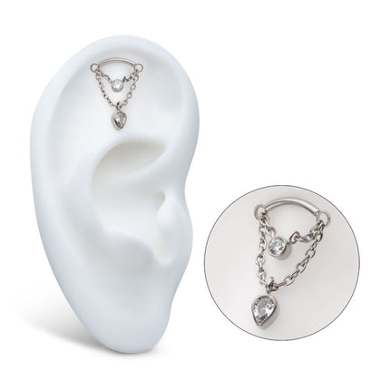 Invictus Titanium Threadless 2-Tier Dangle Chain Curved Bar Top with Bezel Round CZ