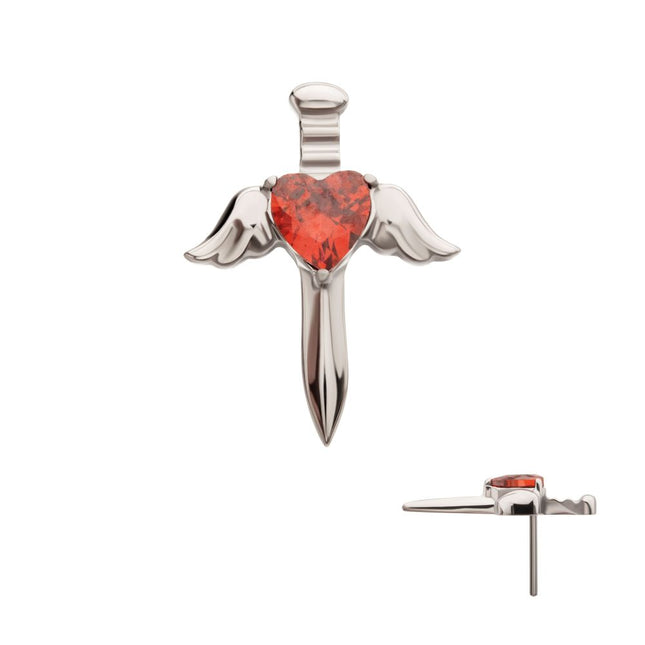 Invictus Titanium Threadless 3D Winged Dagger with Bezel Heart Gem Top