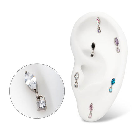 Invictus Titanium Threadless  Marquise Top with Prong Set Gem Dangle