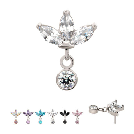 Invictus Titanium Threadless 3 Marquise Fan Top with Bezel Gem Dangle