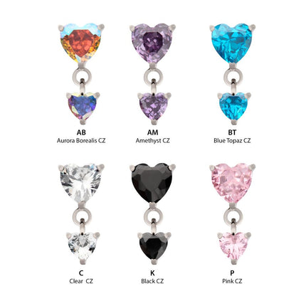 Invictus Titanium Threadless Prong Set Double Heart Gem Dangle Top