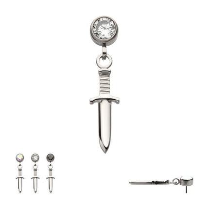 Invictus Titanium Threadless Bezel Round CZ Dangle Dagger Top