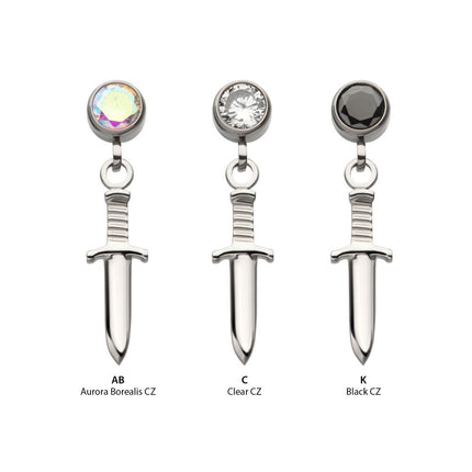 Invictus Titanium Threadless Bezel Round CZ Dangle Dagger Top
