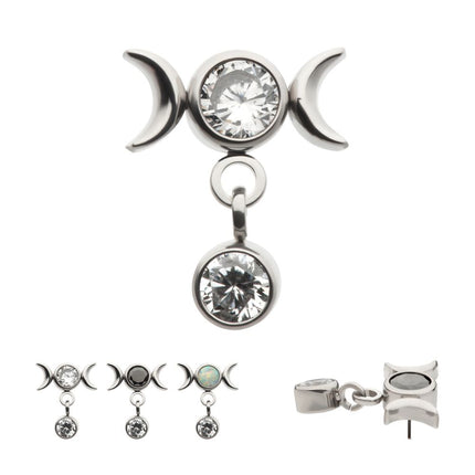 Invictus Titanium Threadless Dangle Bezel Round CZ Triple Moon Phase Gem Top