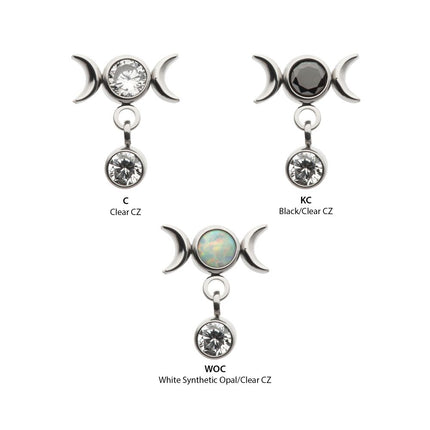 Invictus Titanium Threadless Dangle Bezel Round CZ Triple Moon Phase Gem Top