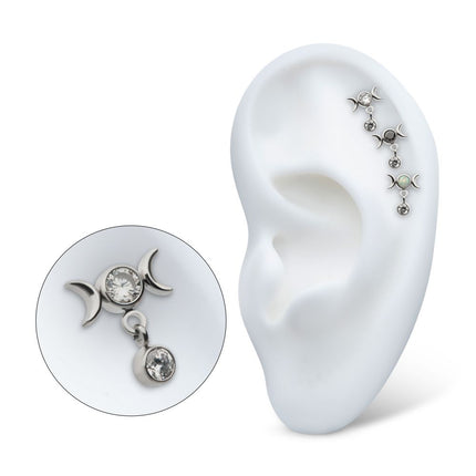 Invictus Titanium Threadless Dangle Bezel Round CZ Triple Moon Phase Gem Top