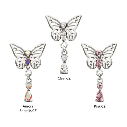 Invictus Titanium Threadless Butterfly Top with Prong Set 2-Gem Dangle