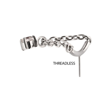 Invictus Titanium Threadless Vertical Helix Curved Bar Top with CZ Gem Chain Dangle