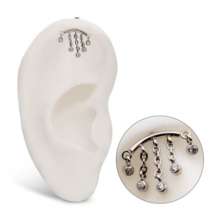 Invictus Titanium Threadless Vertical Helix Curved Bar Top with 5-Chain Bezel Gem Dangle