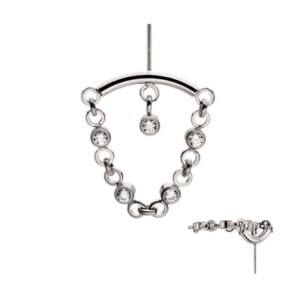Invictus Titanium Threadless Vertical Helix Curved Bar Top with CZ Chain Dangle & Floating Gem
