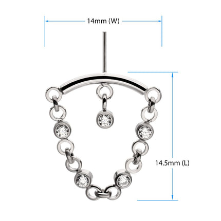 Invictus Titanium Threadless Vertical Helix Curved Bar Top with CZ Chain Dangle & Floating Gem