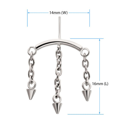 Invictus Titanium Threadless Vertical Helix Curved Bar Top with 3 Spiked Chain Dangle